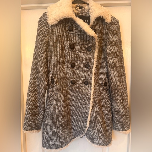 Guess Herringbone Sherpa Pea Coat Small - Picture 2 of 7